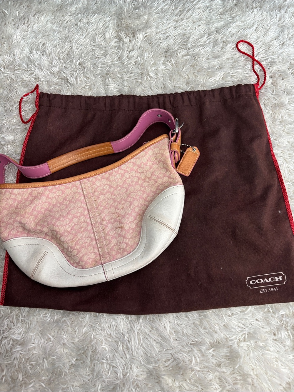 Coach Pink Signature Canvas Hobo with Cream Leather Trim and Tan Accents